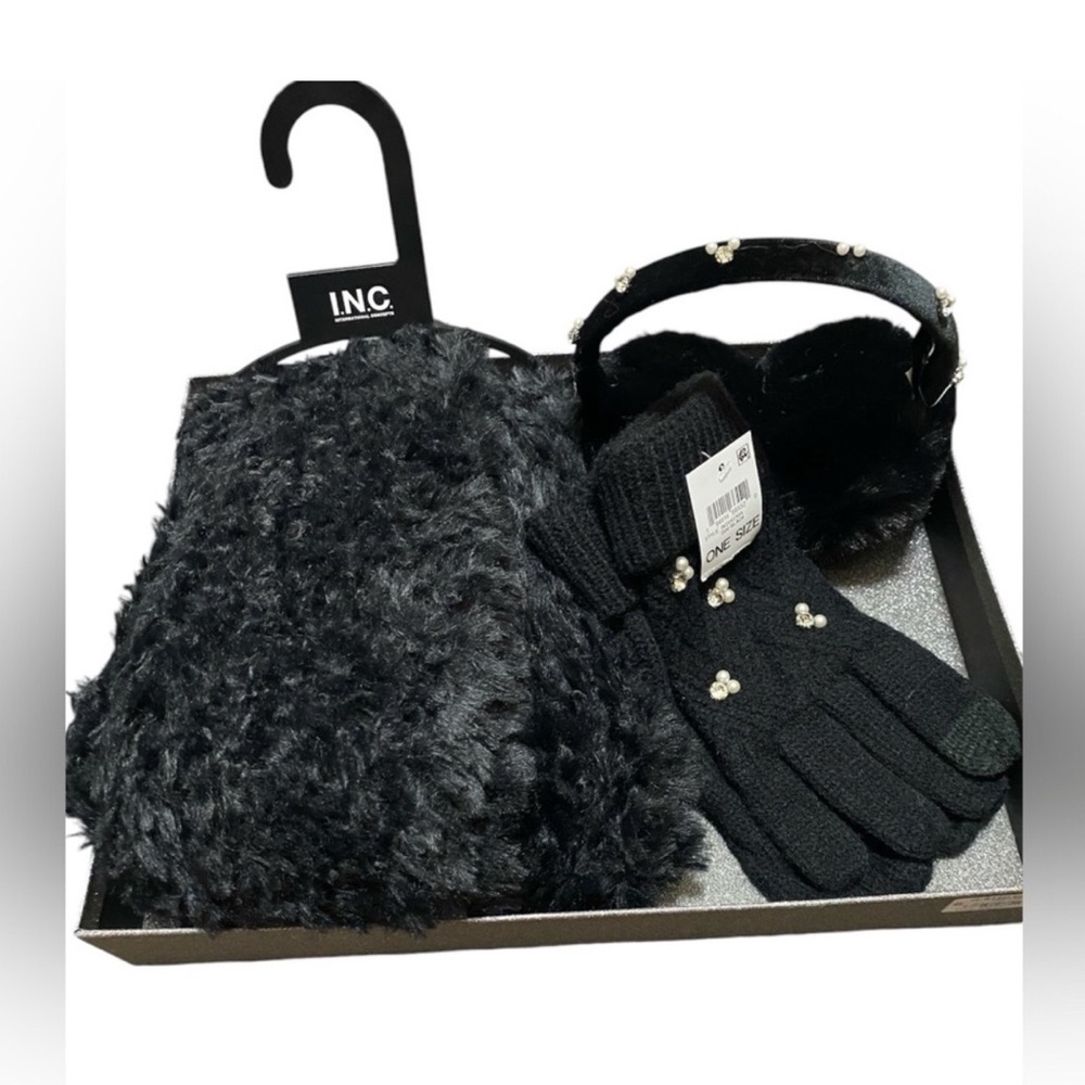 INC International Concept in Black ear muff, gloves and scraf